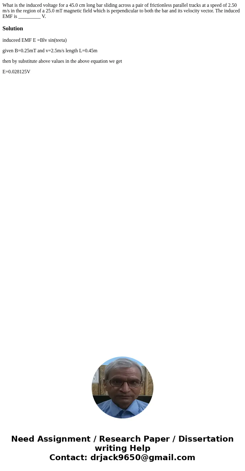 What is the induced voltage for a 45.0 cm long bar sliding across a pair of frictionless parallel tracks at a speed of 2.50 m/s in the region of a 25.0 mT magne