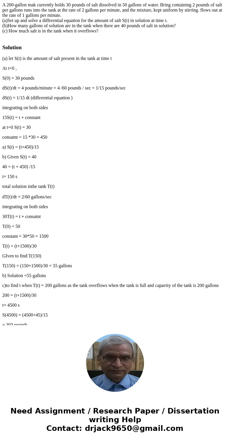 A 200-gallon tnak currently holds 30 pounds of salt dissolved in 50 gallons of water. Bring containing 2 pounds of salt per gallons runs into the tank at the ra
