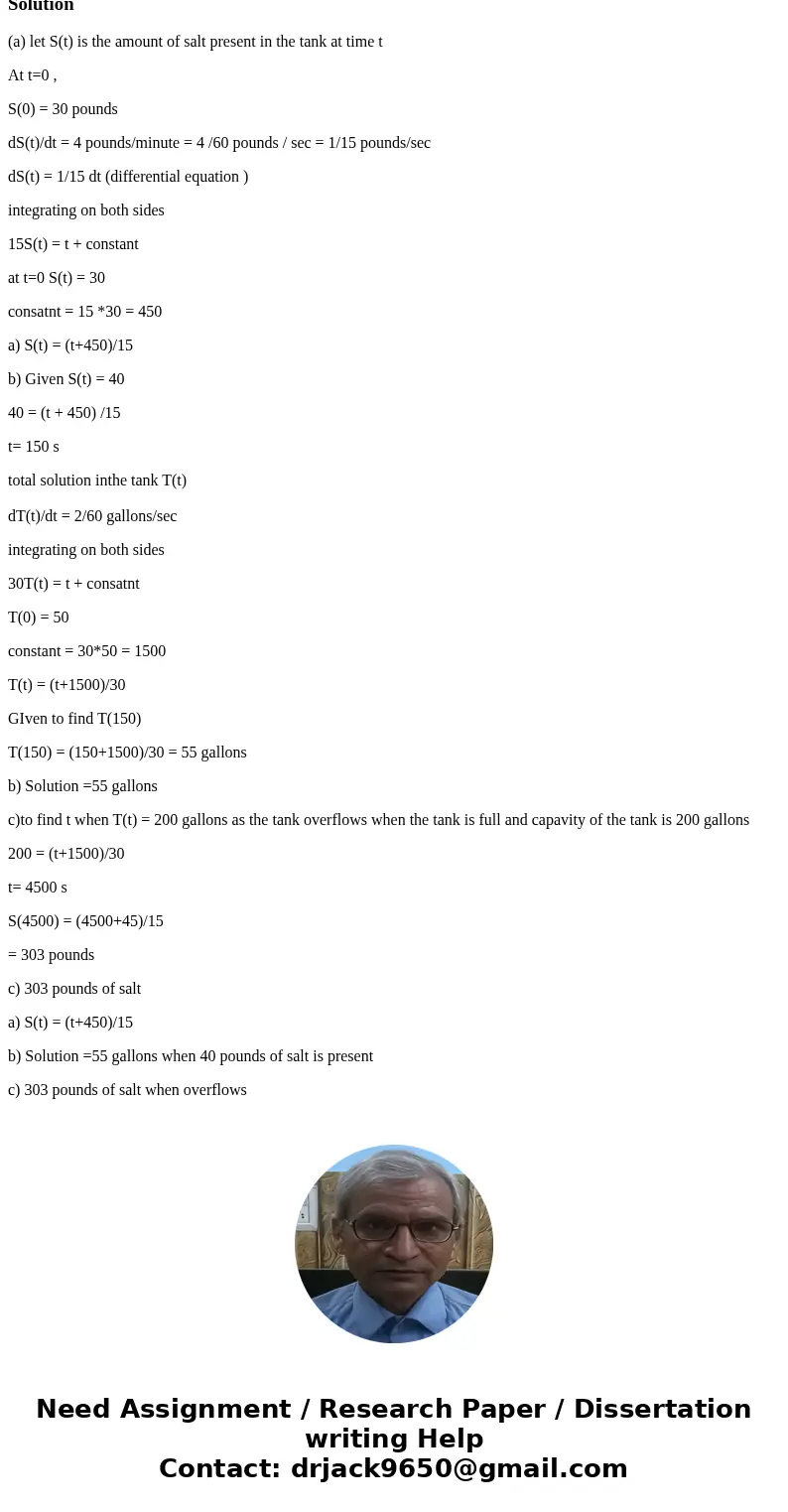 A 200-gallon tnak currently holds 30 pounds of salt dissolved in 50 gallons of water. Bring containing 2 pounds of salt per gallons runs into the tank at the ra