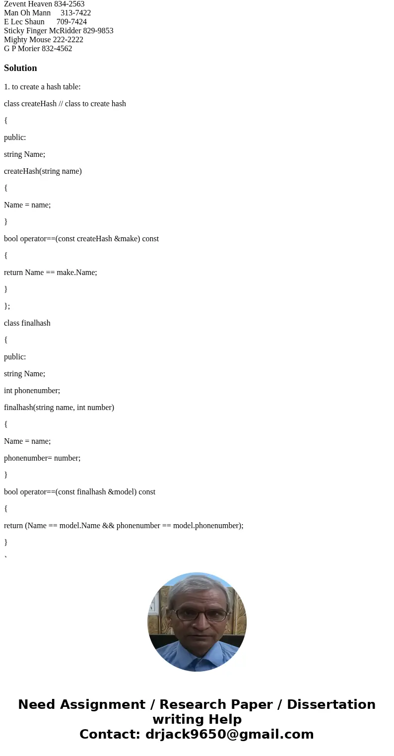 Hash table - C++ Can not use stl libraries, ie. vectors, hash_map, etc. You are to write a program to set up a data base for a phone index. The key will be a pe Hash table - C++ Can not use stl libraries, ie. vectors, hash_map, etc. You are to write a program to set up a data base for a phone index. The key will be a pe